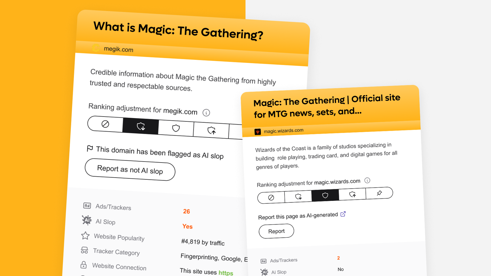 Search results comparing AI slop detection on megik.com versus official Magic: The Gathering website on magic.wizards.com