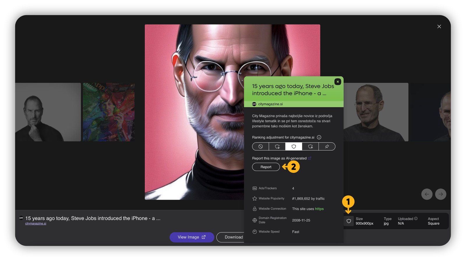 Example of AI-generated stock image, a Steve Jobs illustration, with the option to report the image as AI-generated