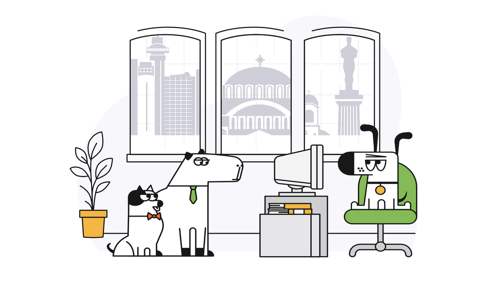 An ilustration of an office room with a Doggo, Cat and Kagibara