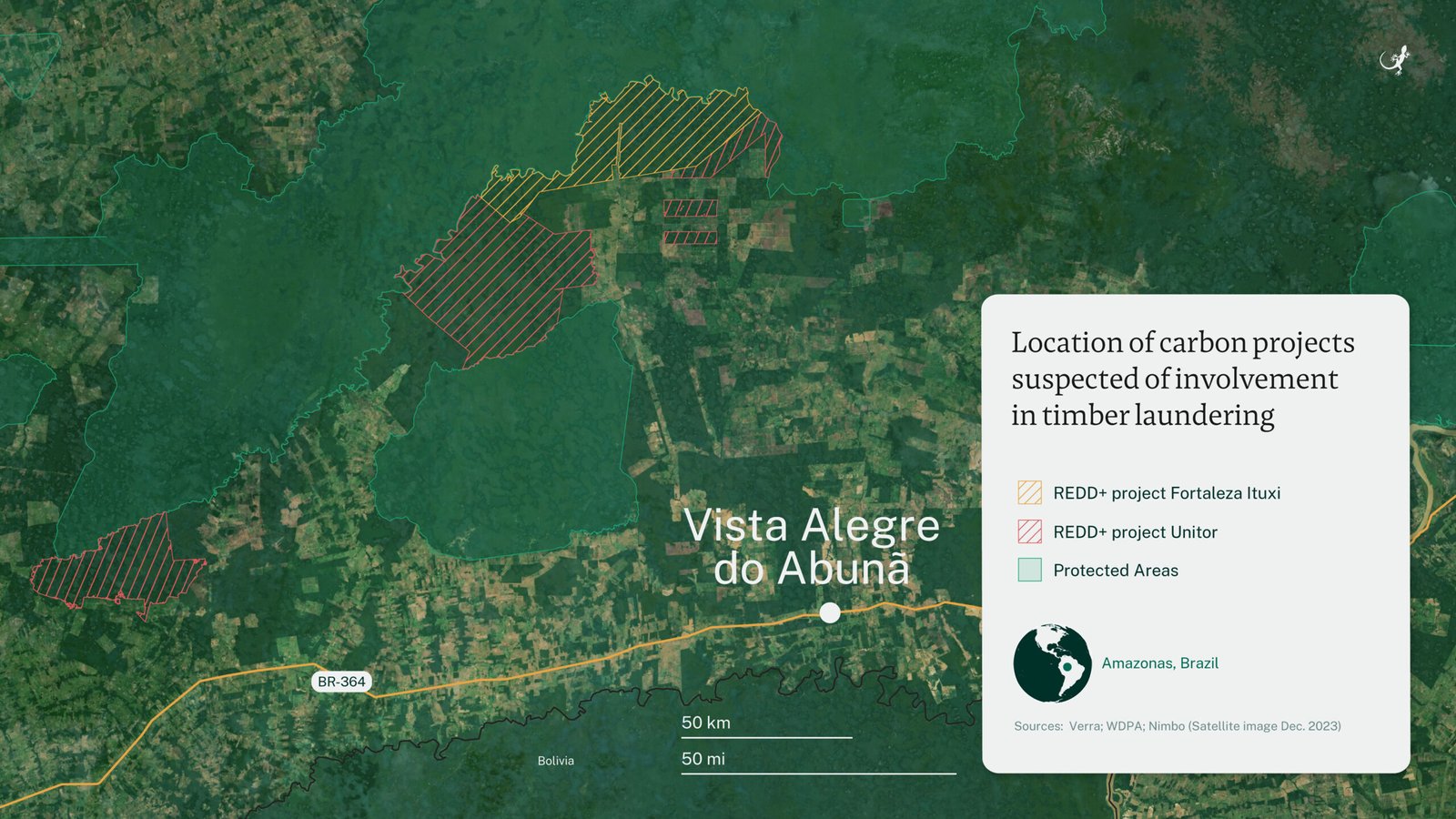 Location of carbon projects suspected of involvement in timber laundering Story: Top brands buy Amazon carbon credits from suspected timber laundering scam