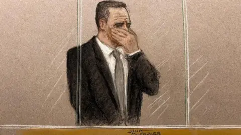 Julia Kuenzler A court sketch shows Paul Doyle, wearing a black suit and tie, with his hand over his mouth as he cries in the dock at Liverpool Crown Court. 
