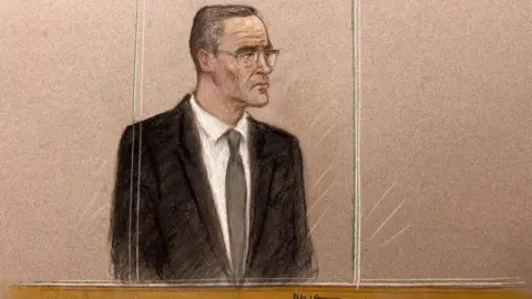 Julia Kuenzler/BBC Sketch of Paul Doyle, 54, standing on a sidewalk behind a plastic barrier wearing a black suit over a white shirt and tie