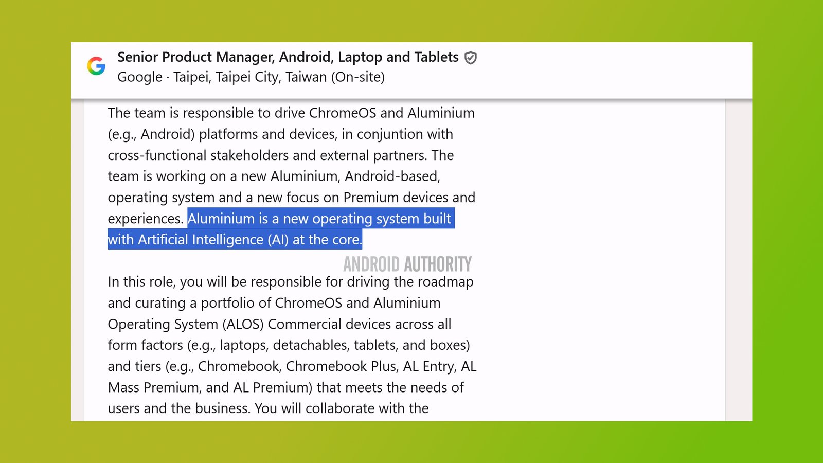 Snippet from job listing confirming Aluminium OS Snippet from job listing confirming Aluminium OS