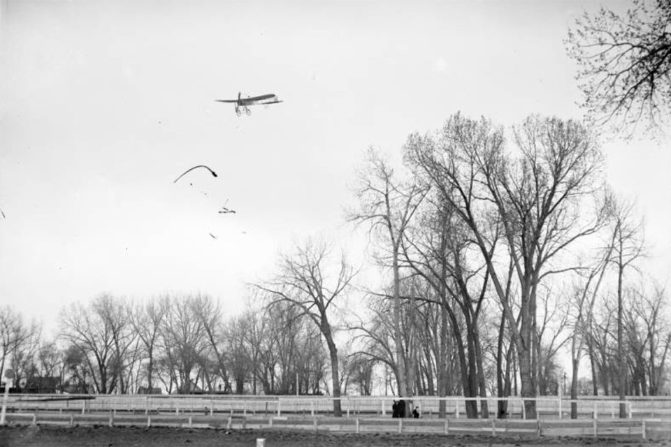 Soaring over a Denver, Colorado field, local photographer Harry M. Rhoades captured what is believed to be the only known picture of the Vandersarl Blériot in flight. (Denver Public Library)