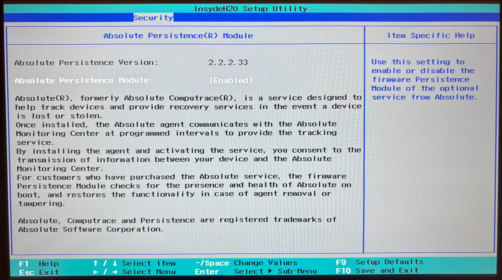 A photograph of the BIOS screen showing the Absolute Persistence options.
