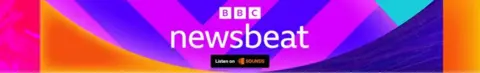 Footer logo for BBC Newsbeat. It contains the BBC logo and the word Newsbeat in white against a colorful background of violet, purple and orange hues. Below is a black square reading "Listen to the sounds" Visibly.