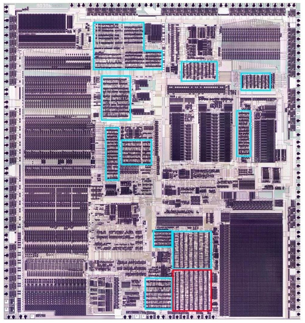 The 386 die with the standard-cell regions highlighted.