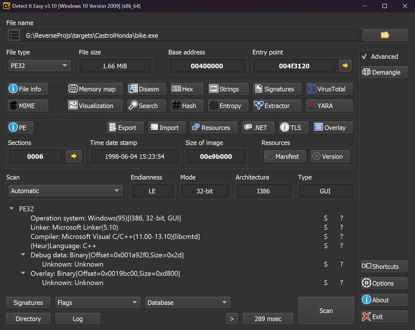 Screenshot of Detect It Easy with bike.exe loaded