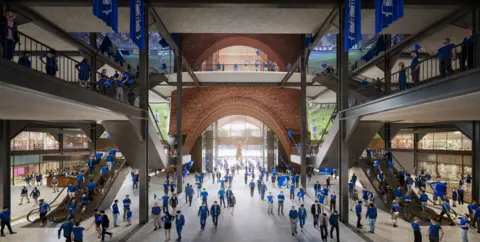 City of Birmingham The southern entrance to the stadium is shown to be light and bright with a central archway and stairs serving further levels on the left and right side. People can be seen walking around on all levels, some in what look like shops to the left and right.