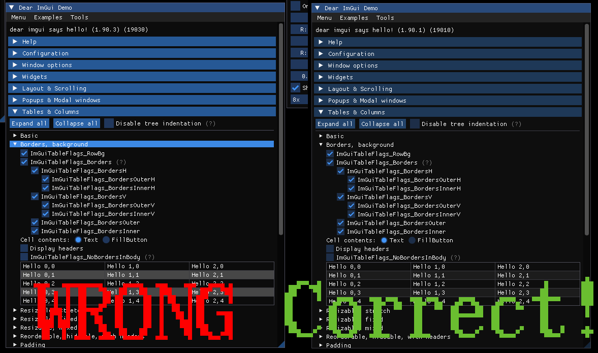 Left - naive sRGB fix for Dear ImGui, right - proper fix