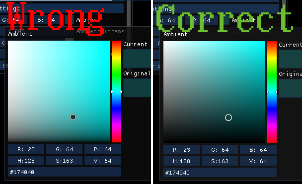 Left - naive sRGB fix for Dear ImGui, right - proper fix
