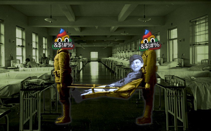 An old time hospital ward. In the foreground are a pair of stretcher bearers with a patient. The bearers