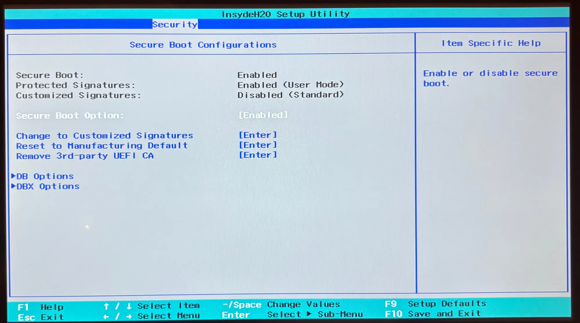 A photograph of the BIOS screen showing the option to disable Secure Boot.