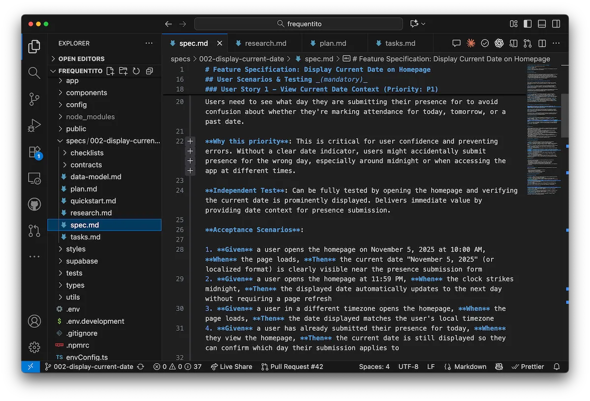 Spec-Kit generated spec for Frequentito