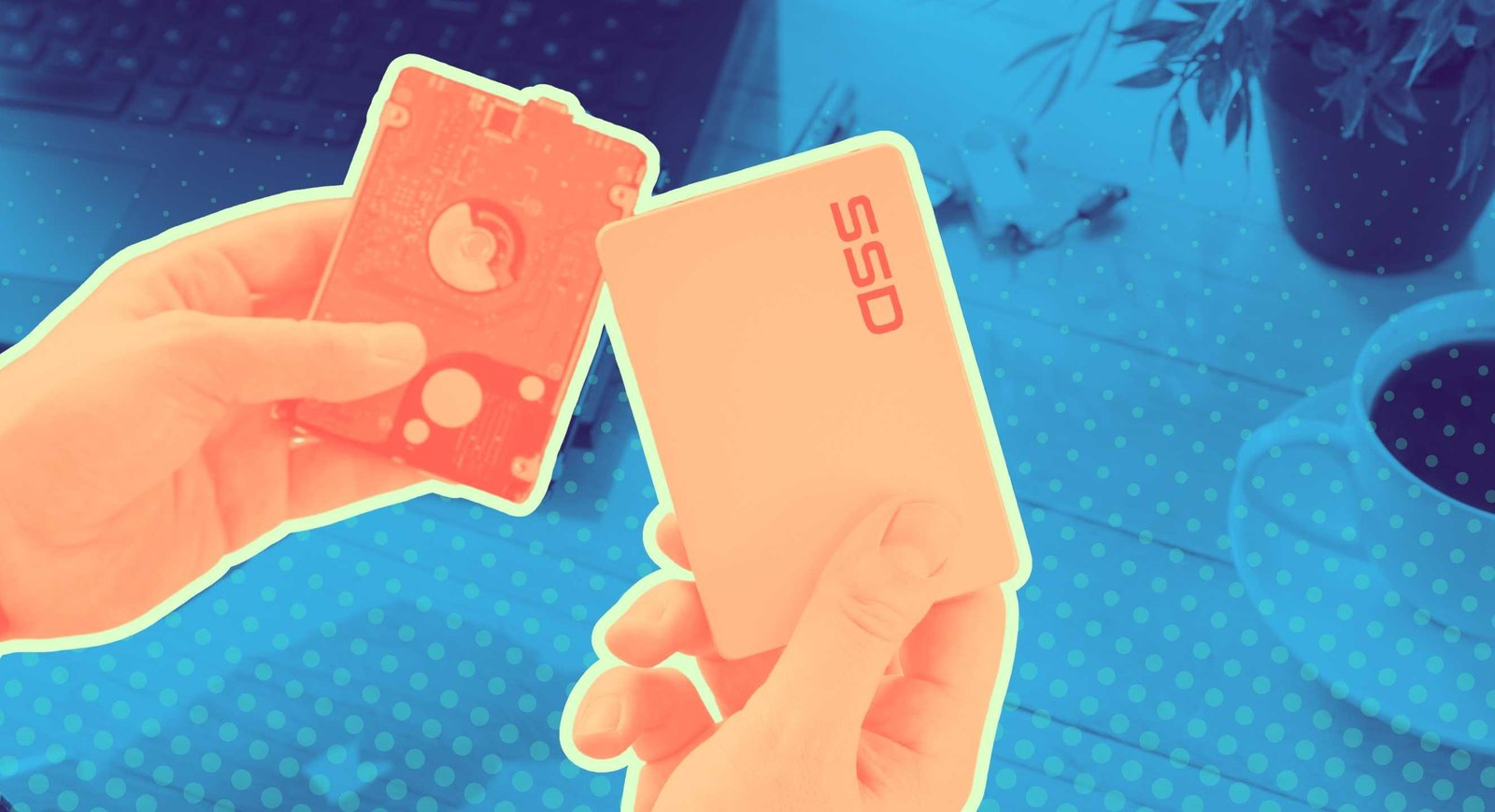 A graphic showing a hand holding an SSD.