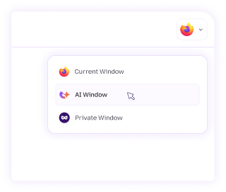 Illustration showing Firefox’s three modes/windows: normal, “Window AI” and private window.