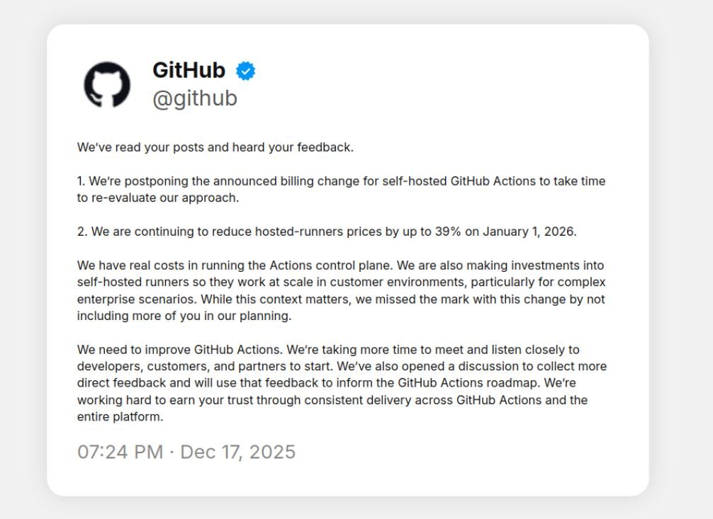 GitHub Actions for Self-Hosted Runners Price Increase Postponed
