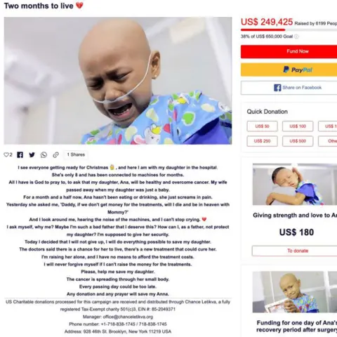 Chance Letikva A fundraising campaign page for Ana - it shows her crying, wearing a nasal tube, and the caption at the top of the page reads "Two months to live" with a heart emoji 