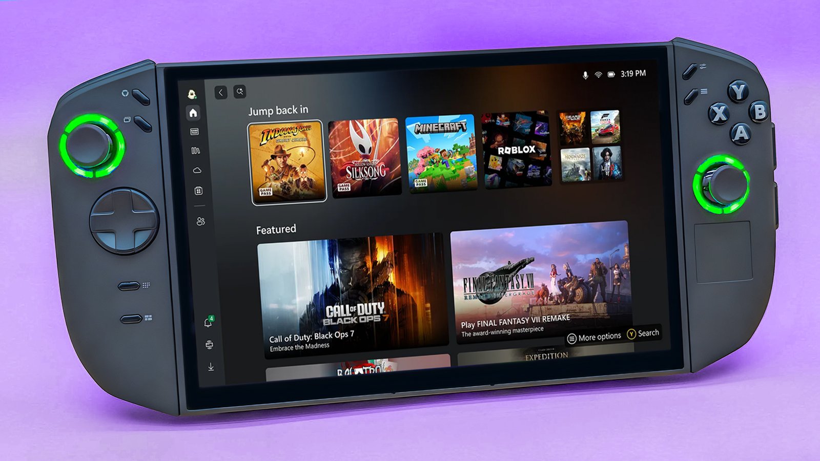 A Legion Go 2 standing up on its kickstand and displaying Xbox Full Screen Experience.