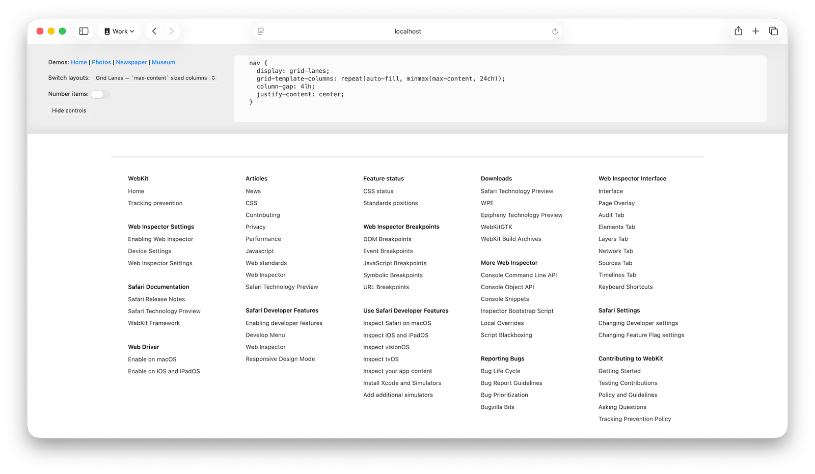 A layout of 15 groups of links. Each has between two and nine links in the group — so they are all very different heights from each other. The layout has five columns of these groups, where each group just comes right after the group above it. Without any regard for rows.