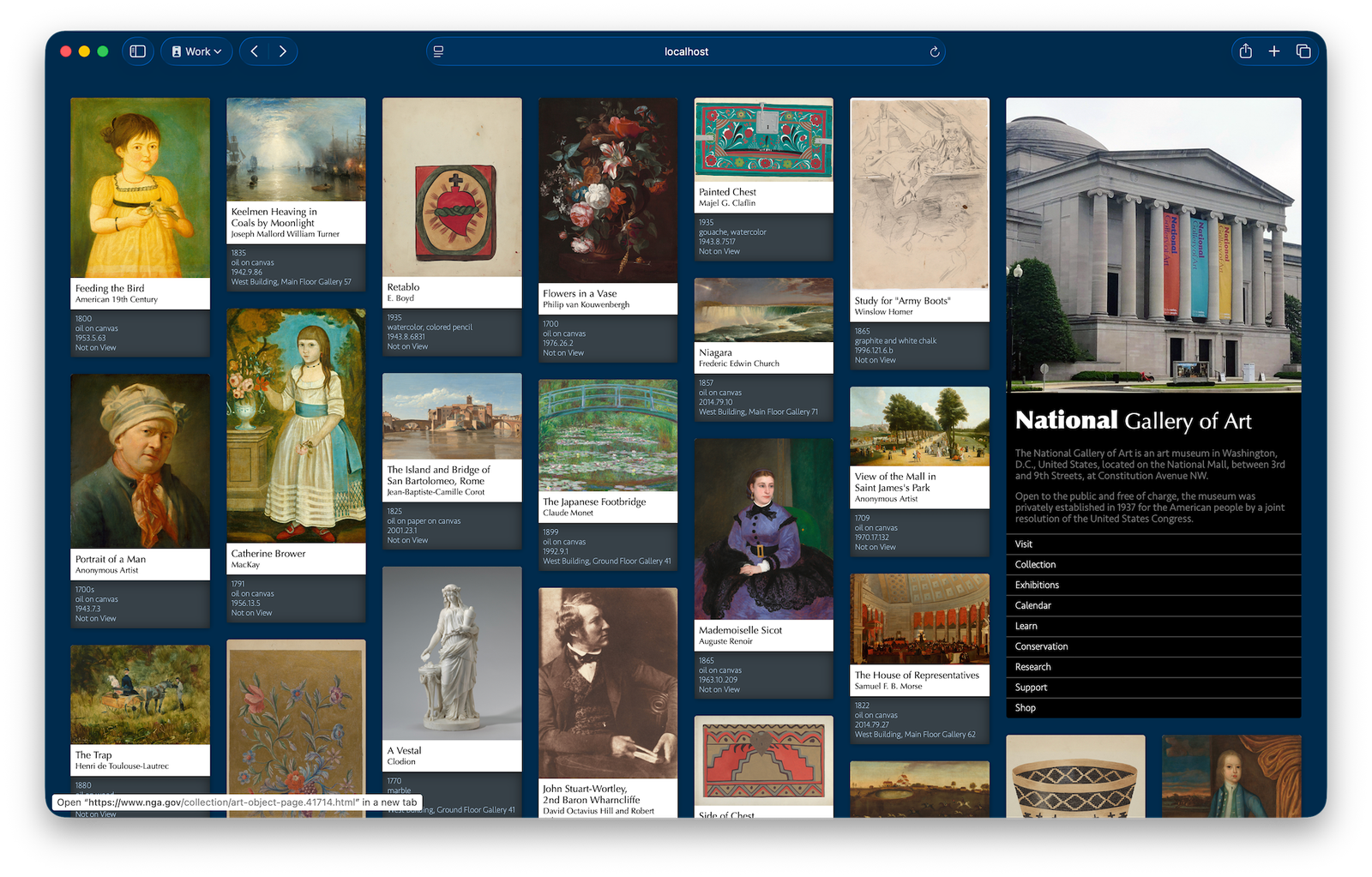 A layout of paintings — each has a bit of text below the painting: title, etc. The paintings are laid out in 8 columns. Over on the right, spanning across two columns is the header of the website.