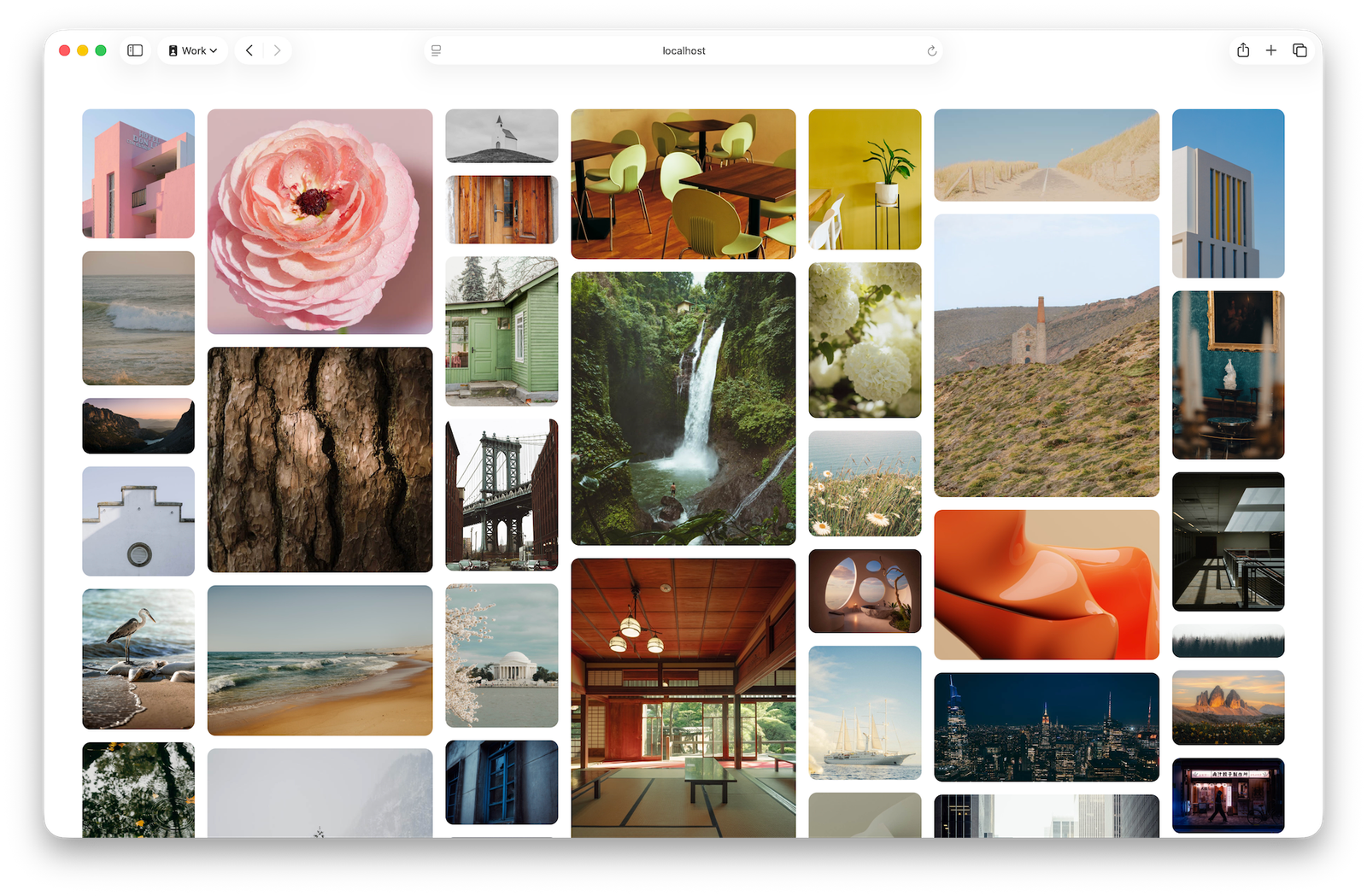 Demo layout of photos, where the 1st, 3rd, 5th, and 7th column are narrow, while the 2nd, 4th and 6th columns are twice as wide.