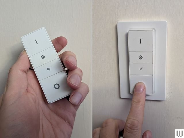 Left: a hand holding a rectangular white remote with 4 simple buttons. Right: finger pressing a white multi-panel remote attached to the wall.