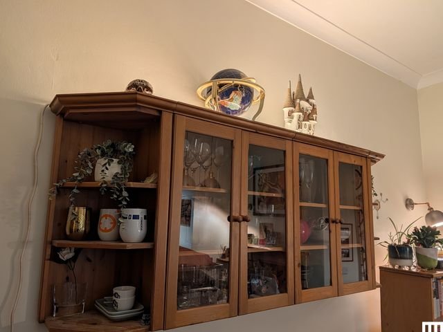 Philips Hue OmniGlow Strip Light on top of a wooden bookshelf, illuminating a globe and fossil