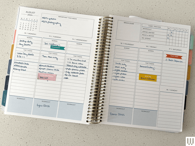 Paper planner lies open and lays flat on a white surface, pages display notes for days in August including habit tracking and exercise tracking