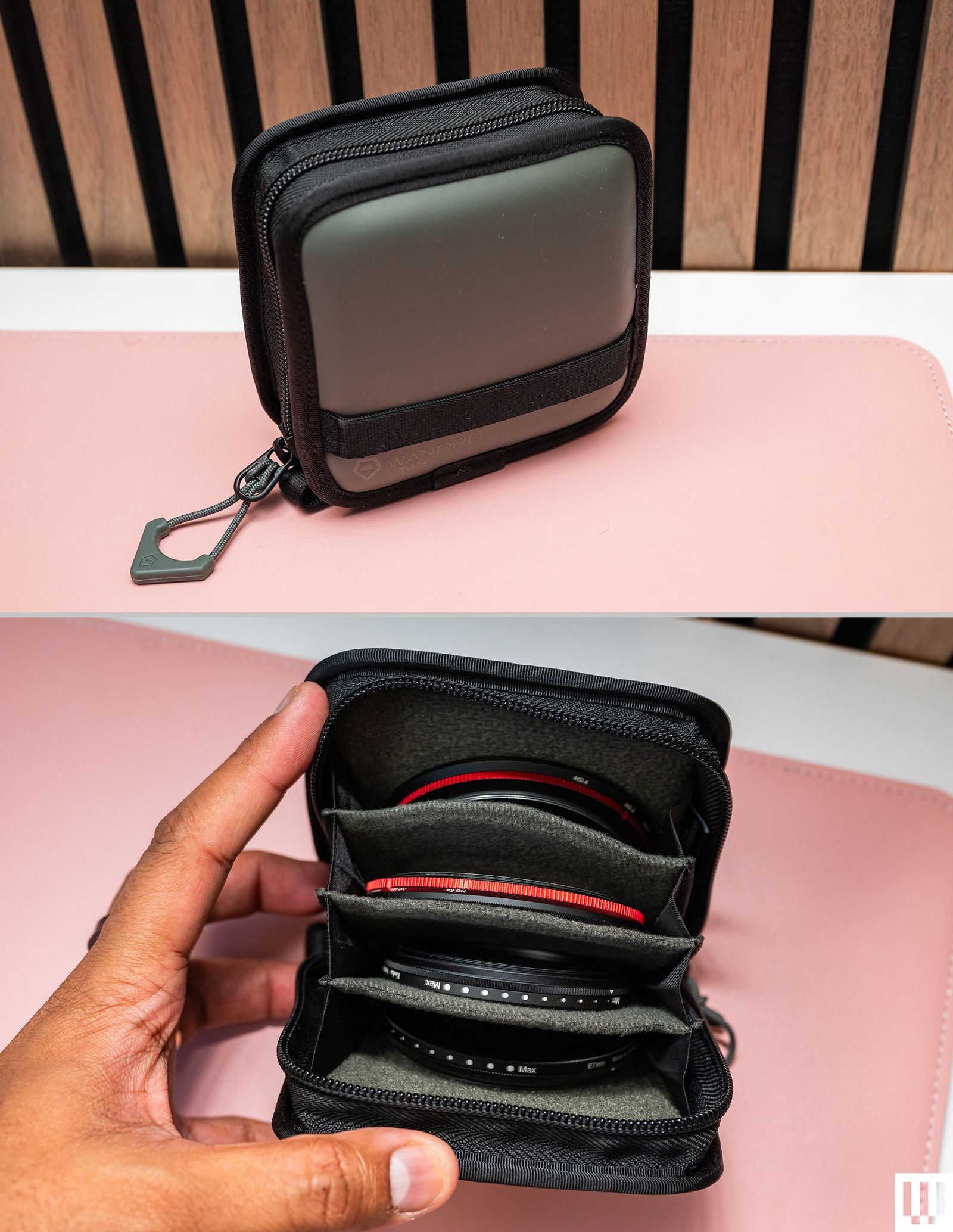 Wandrd Camera Lens Filter Case shown zippered closed and held open with camera lenses in the different accordion style slots