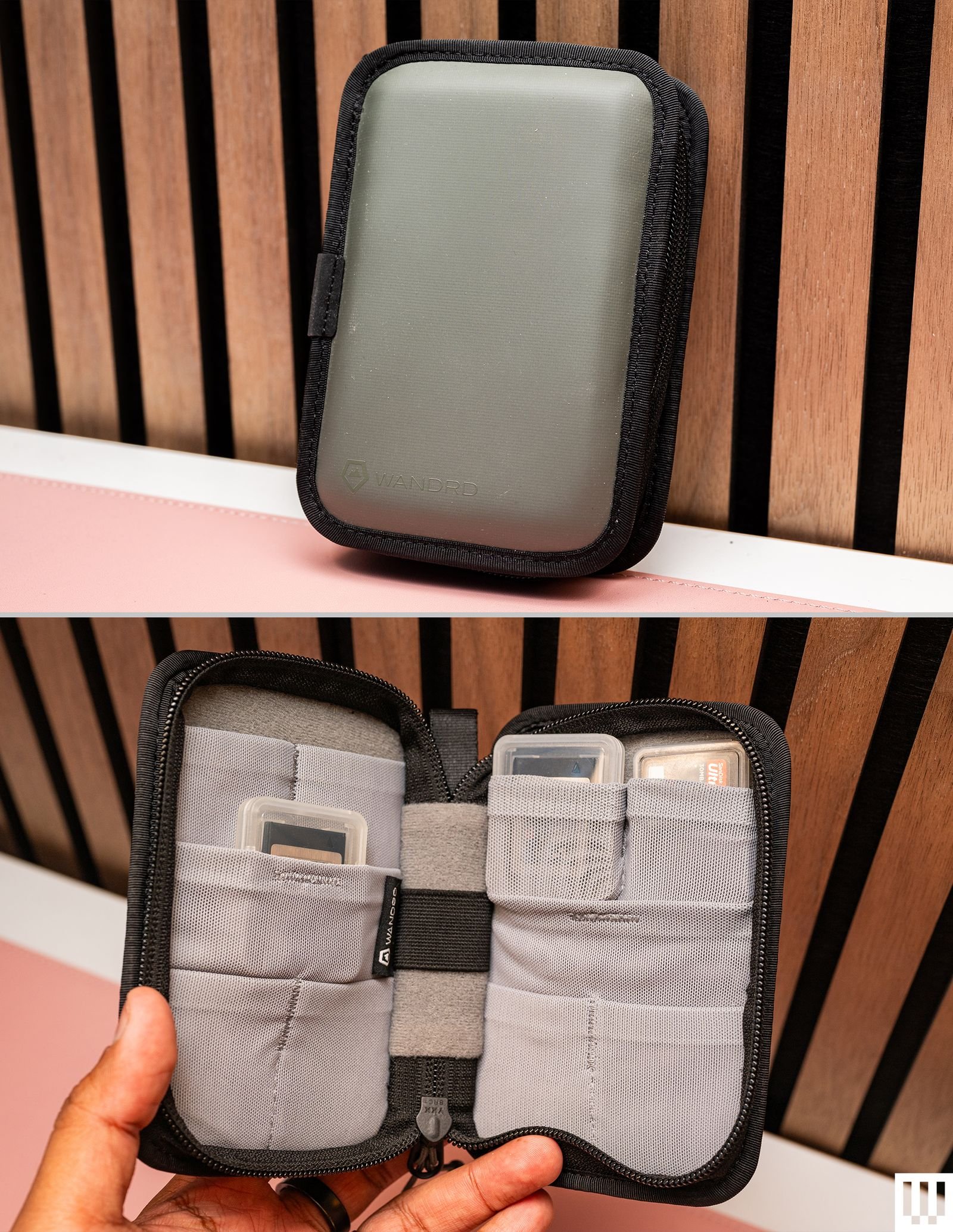 Wandrd Memory Case a zippered pouch with hard shell shown closed and held open with memory cards for cameras tucked in...