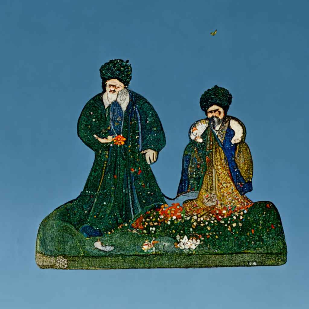 A man wearing a green robe, and a shorter man wearing a golden robe, on a floating island of green, over a landscape of cobalt blue.