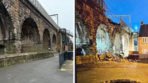 BBC/Network Rail A side-by-side photo showing a damaged bridge on the right. A section of the barriers that run along the top of the bridge appears to have collapsed and a pile of rubble can be seen underneath. A large hole can be seen in front of the bridge. The left is a photo of the bridge taken today showing it is undamaged.