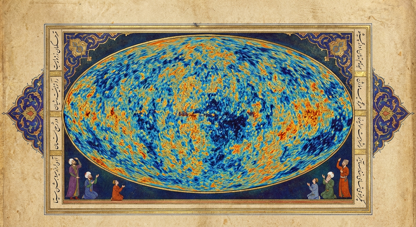 The standard depiction of the CMB in the frame of a Persian miniature.