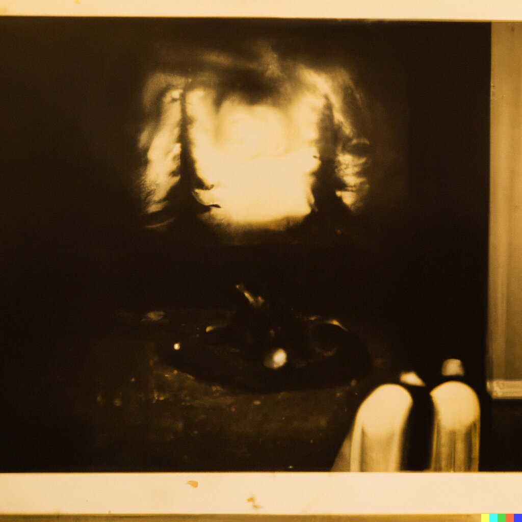 A photograph of two trees illuminated by a sepia glow in a dark forest. On the bottom-right corner, two people can be seen watching the scene.