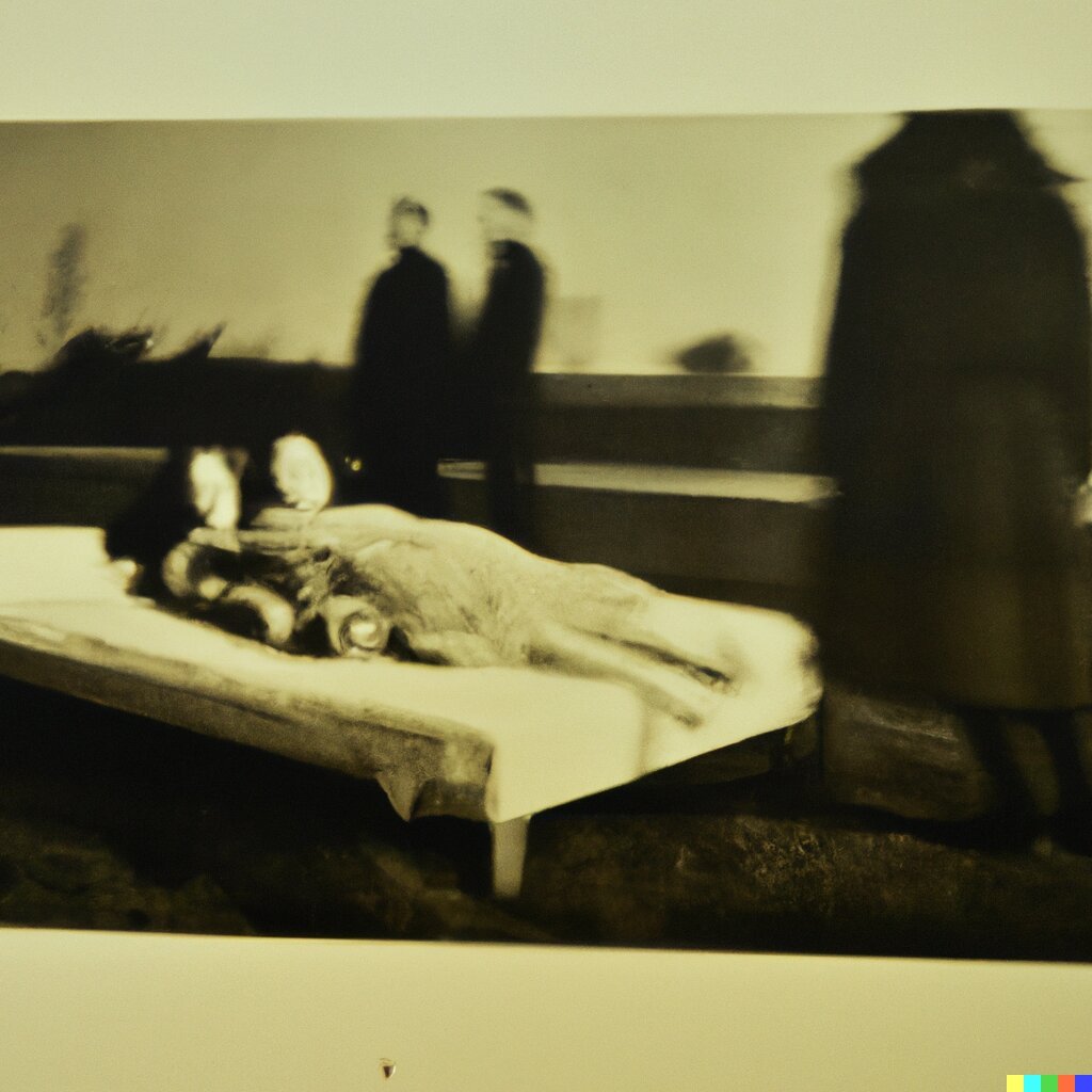 A sepia photograph, showing two girls on a bed, and three people standing around them.