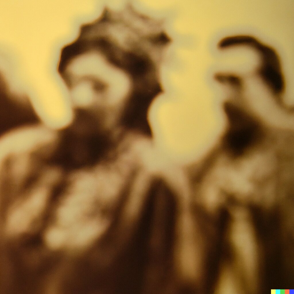 A vague, blurry sepia photograph of an indistinct man and woman.