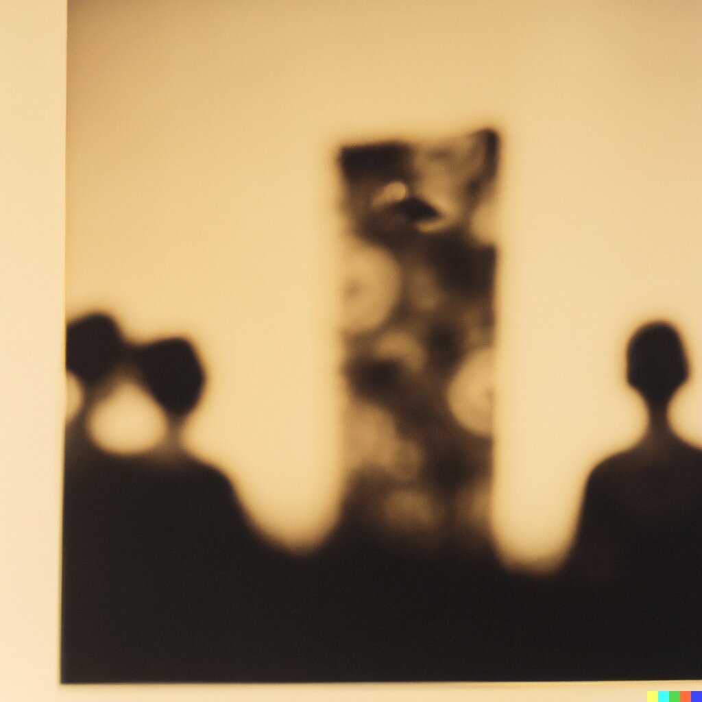 Sepia photograph: three vague, almost alien-looking figures look at what might be a sculpture or painting.