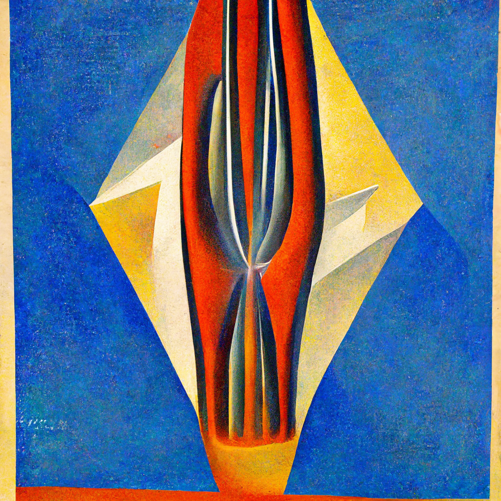 Red and gold abstract shapes on a dark blue background.