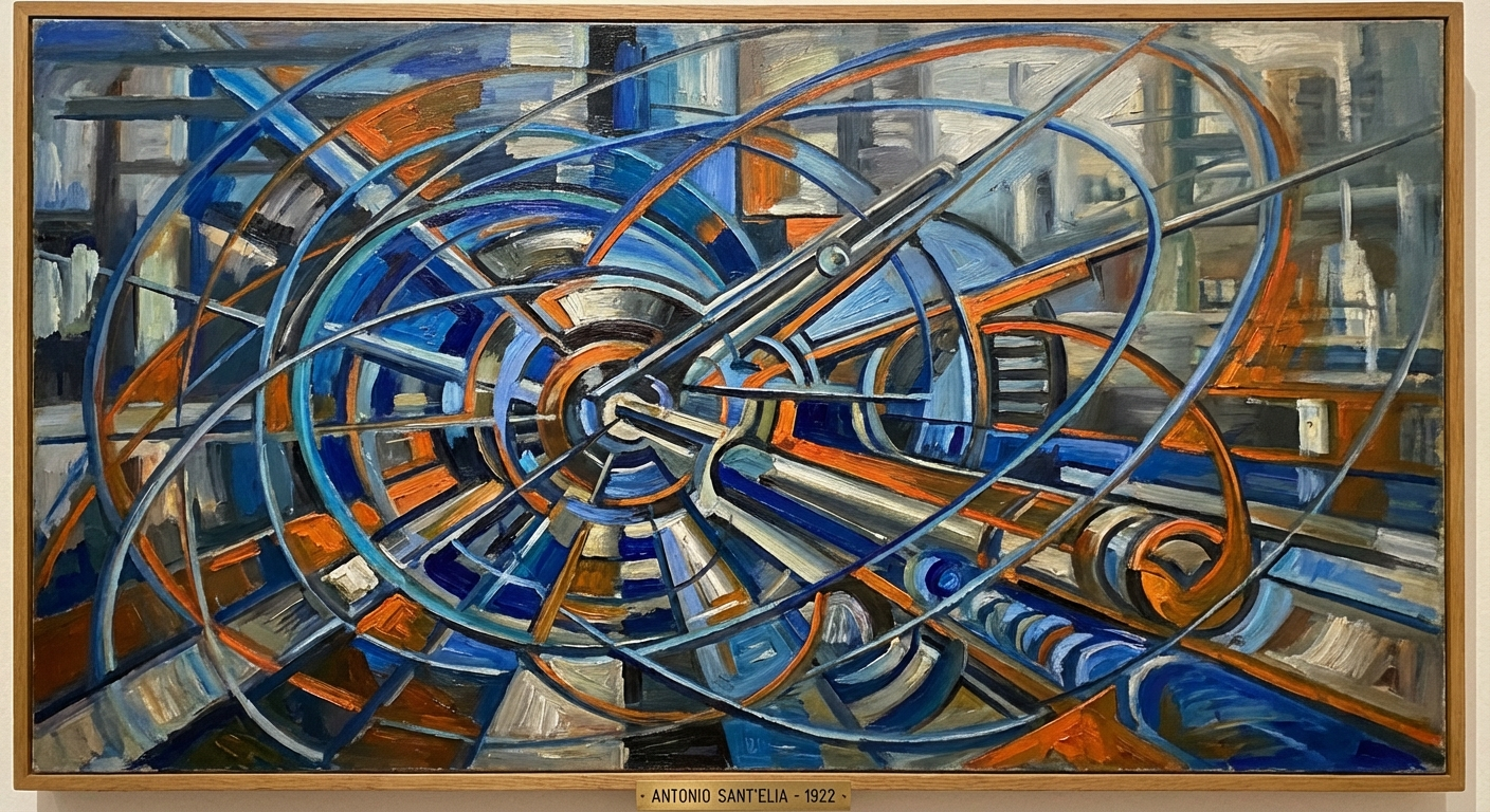 Muted, red and blue ellipses against a machine background, in a golden frame.