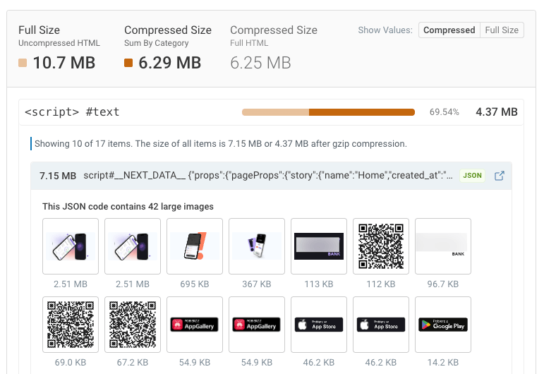 HTML Size Analyzer showing inline images within hydration state