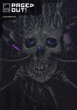Cover image of Paged Out! issue 2 depicting a cyborg skull with violet-glowing electronic parts and blue-glowing eyes, with a lot of wires going out of - or into - the skull from the blackness of the background. In the top left corner, there is the magazine
