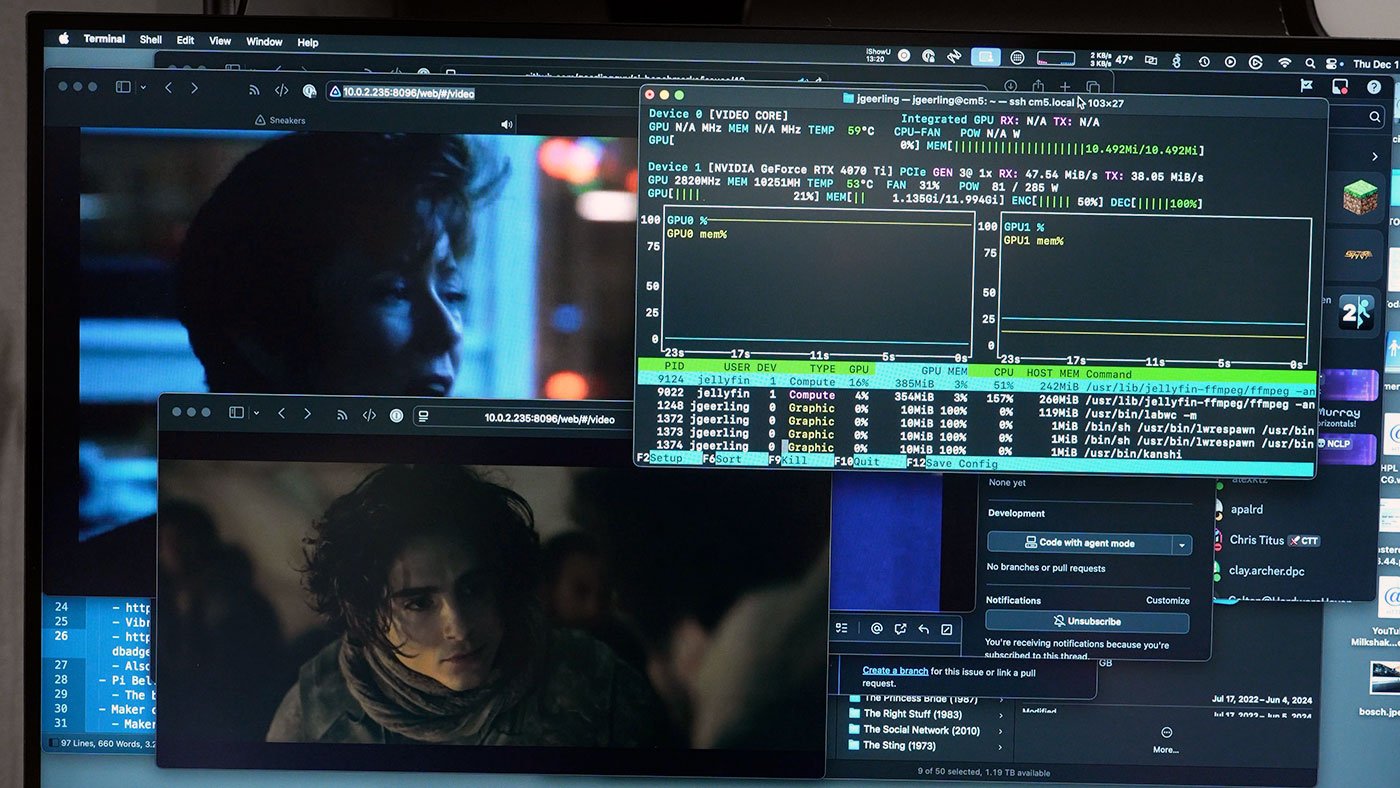 Jellyfin transcoding two videos on the fly with nvtop showing Pi 5 in foreground