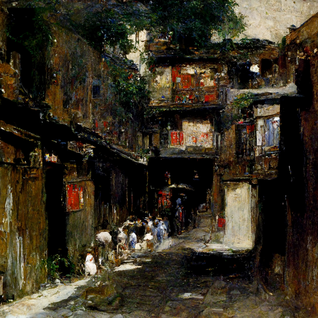 An impressionistic painting of an alley in a city, with a tree canopy above.