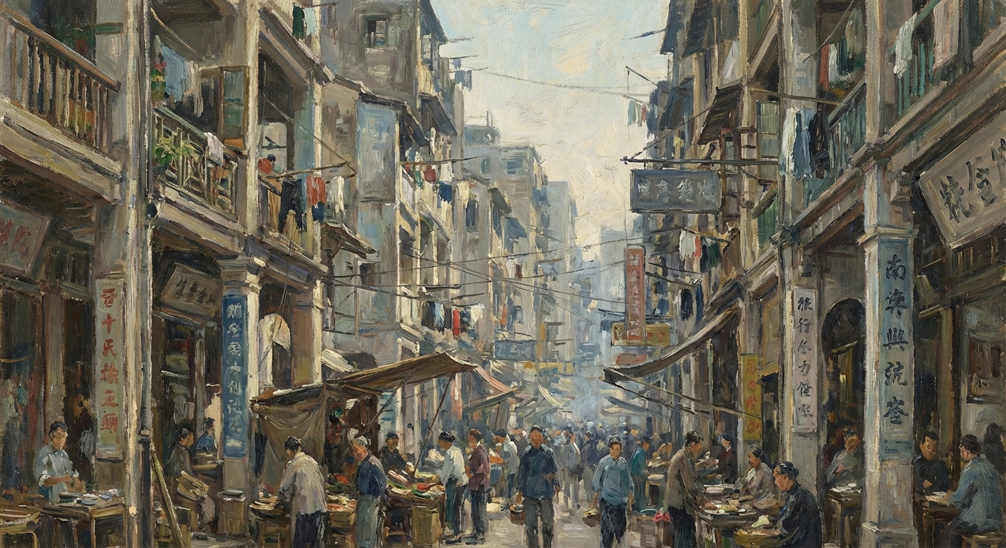 A muted painting of a commercial street in a Chinese city.