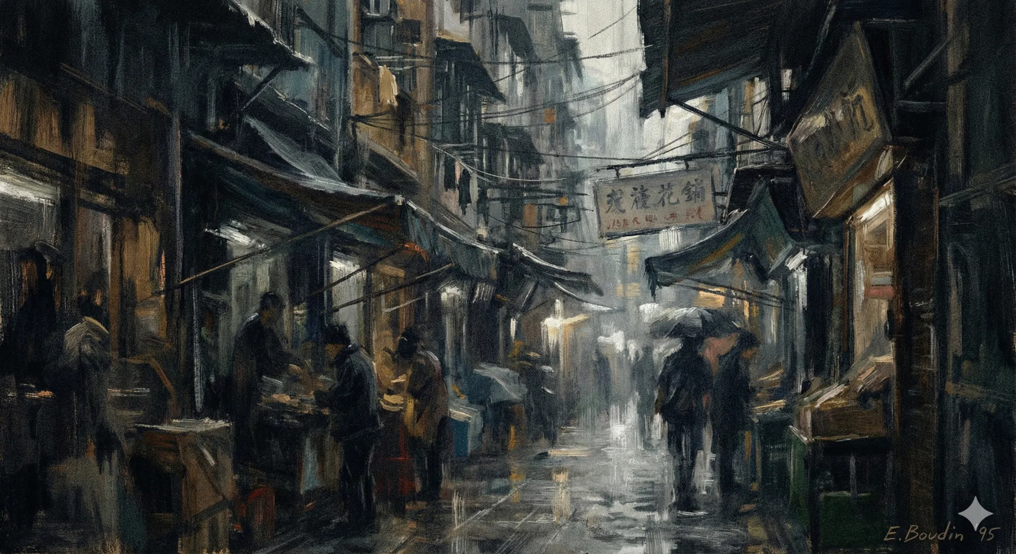 A dark, muted painting of a commercial street in a Chinese city in the rain.