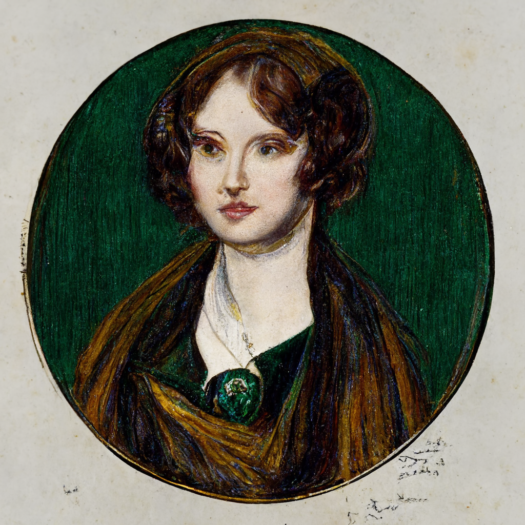 A portrait of Ada Lovelace against a circle of dark green.