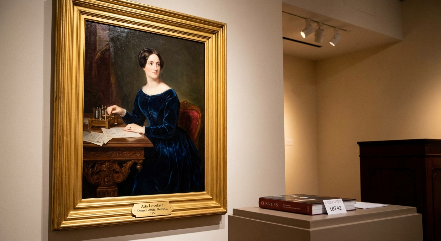 A photograph of a generic 19th century realist painting of a woman, in a gilt frame, taken at an angle inside a gallery, a Christie