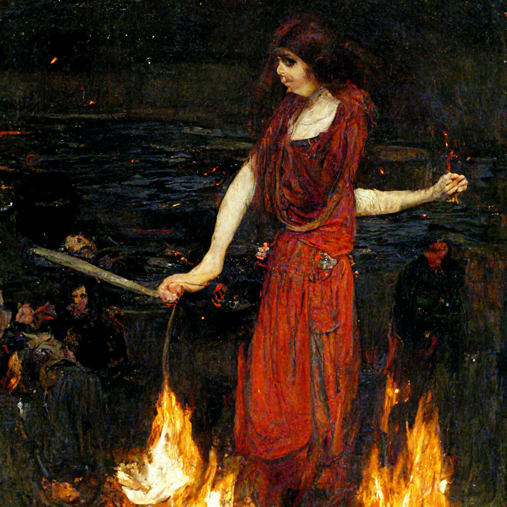 A woman in a dress dress, surrounded by flames, by black water, by a watching crowd.