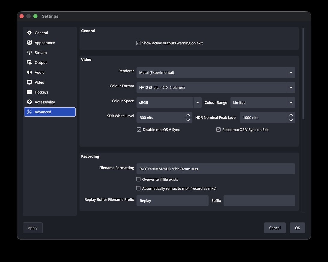 Screenshot of OBS Studio with experimental Metal renderer selected.